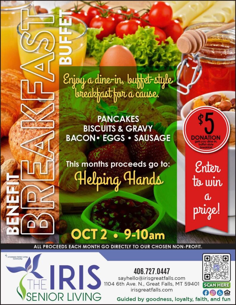 Buffet-style breakfast for a cause! $5 breakfast at the Iris on October 2 from 9-10 AM with all proceeds going to Helping Hands!